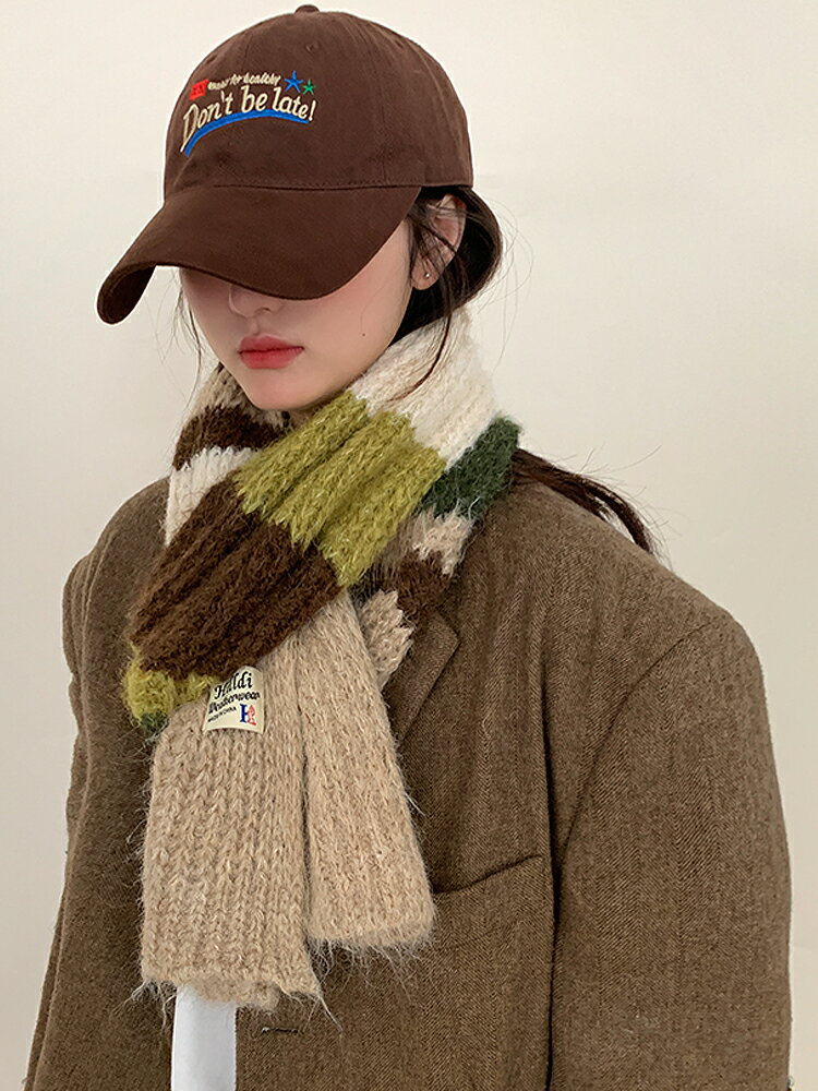 含羊毛條紋毛線圍巾女士冬季2023新款高級感加厚保暖針織圍脖百搭