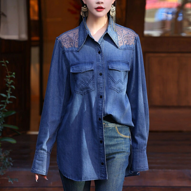 現貨+預購 新中式牛仔襯衫長袖上衣經典牛仔外套(復古重工刺繡翻領牛仔女裝74ku8)【獨家進口】【米蘭精品】