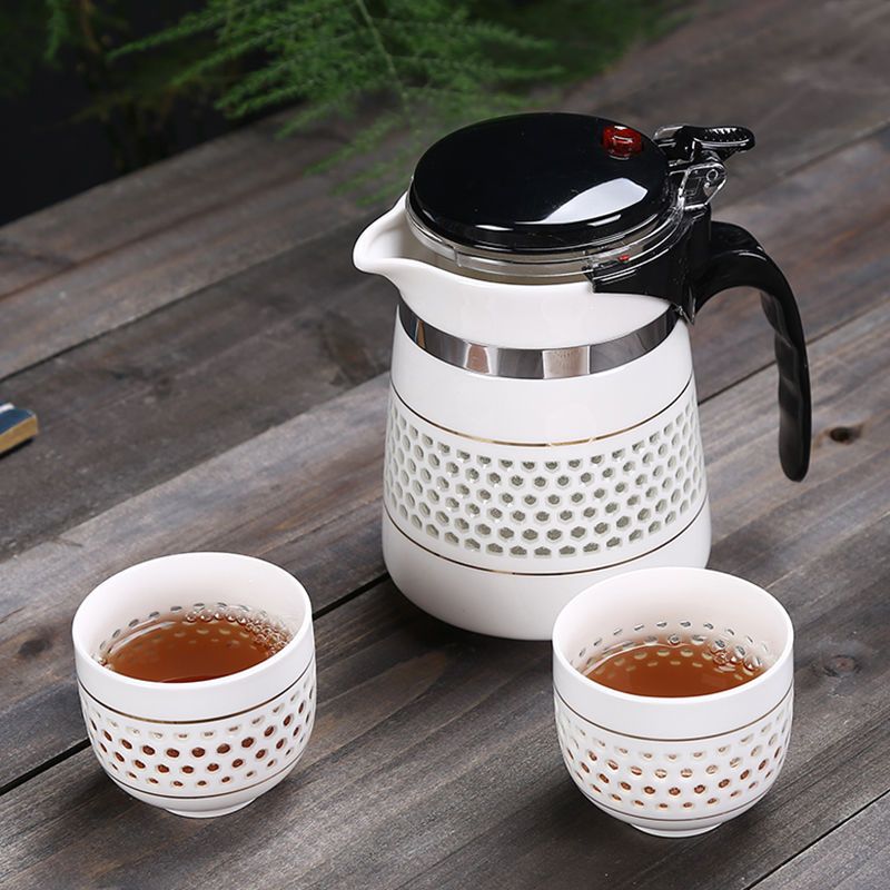茶壺 白瓷蜂巢飄逸杯泡茶家用沏茶過濾沖茶器茶水分離陶瓷茶壺套裝茶具-快速出貨