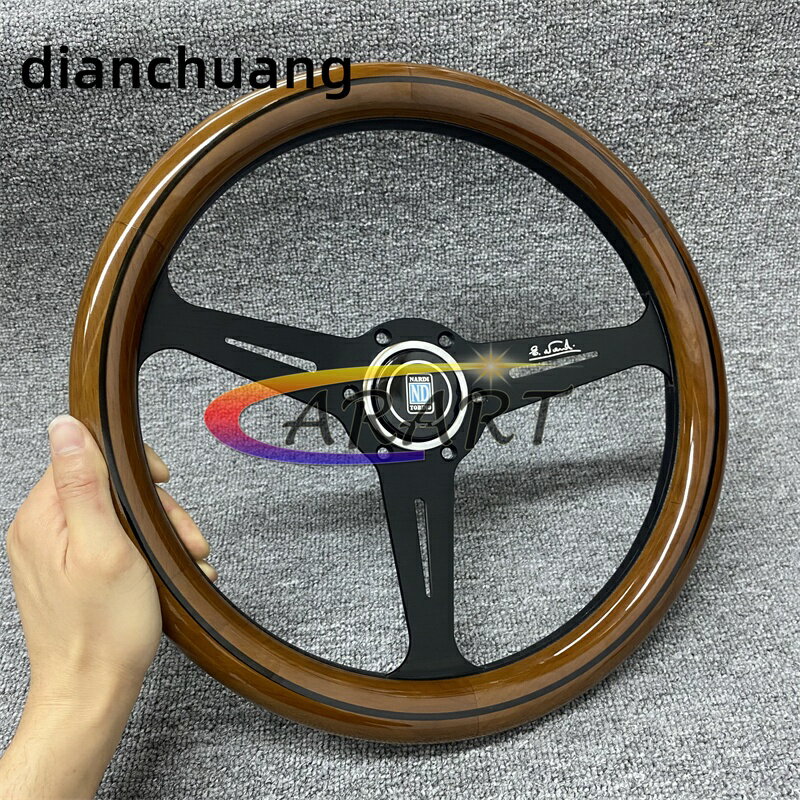 14吋 ND 實木方向盤Nardi汽車改裝通用黑色三幅支架重手感轉向盤 355mm 平盤經典揮桿方向盤