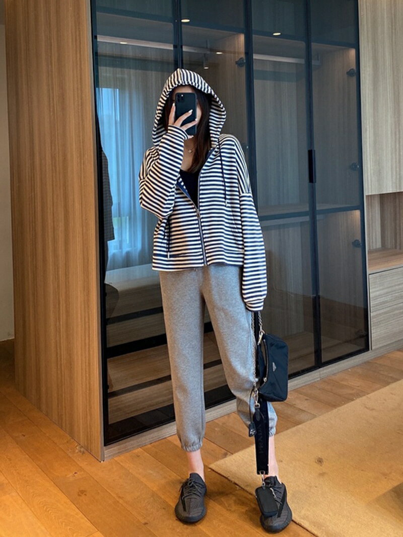 2021韓版時尚灰色休閑運動風束腳衛褲女高腰百搭減齡顯腿長九分褲