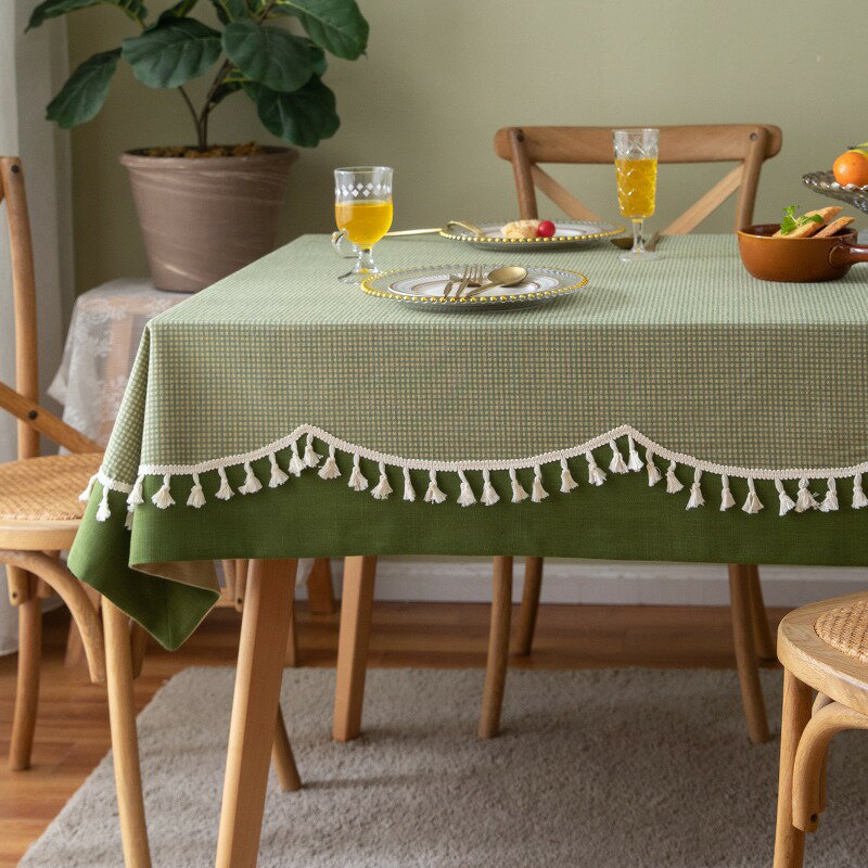 復古田園風綠色桌布防水防油免洗棉麻氛圍感西餐桌布流蘇茶幾桌布