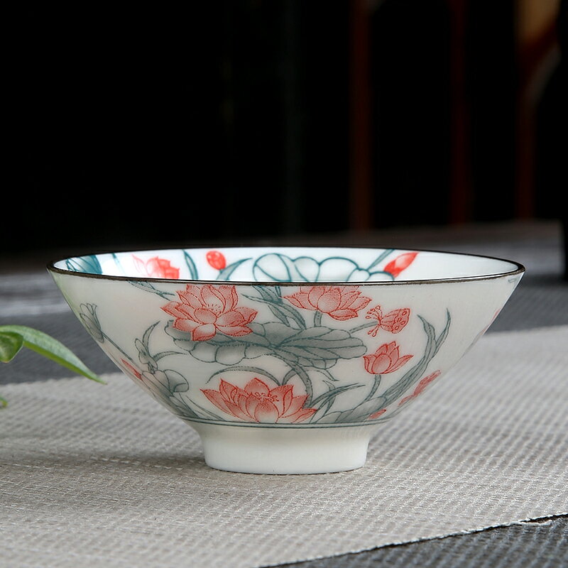 陶瓷復古青花斗笠功夫茶杯帶杯架茶碗盞家用品茗主人單杯6只包郵