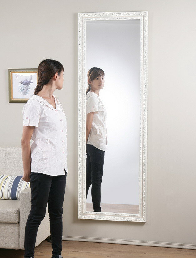 99A象牙白浮雕掛鏡(180*60) 壁鏡 全身鏡 穿衣鏡 【馥葉】【型號MR1869WH】 (防爆安全鏡片)