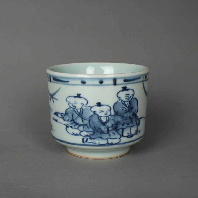 晚清民窯 青花人物紋茶杯 景德鎮古玩古董陶瓷器仿古茶具收藏