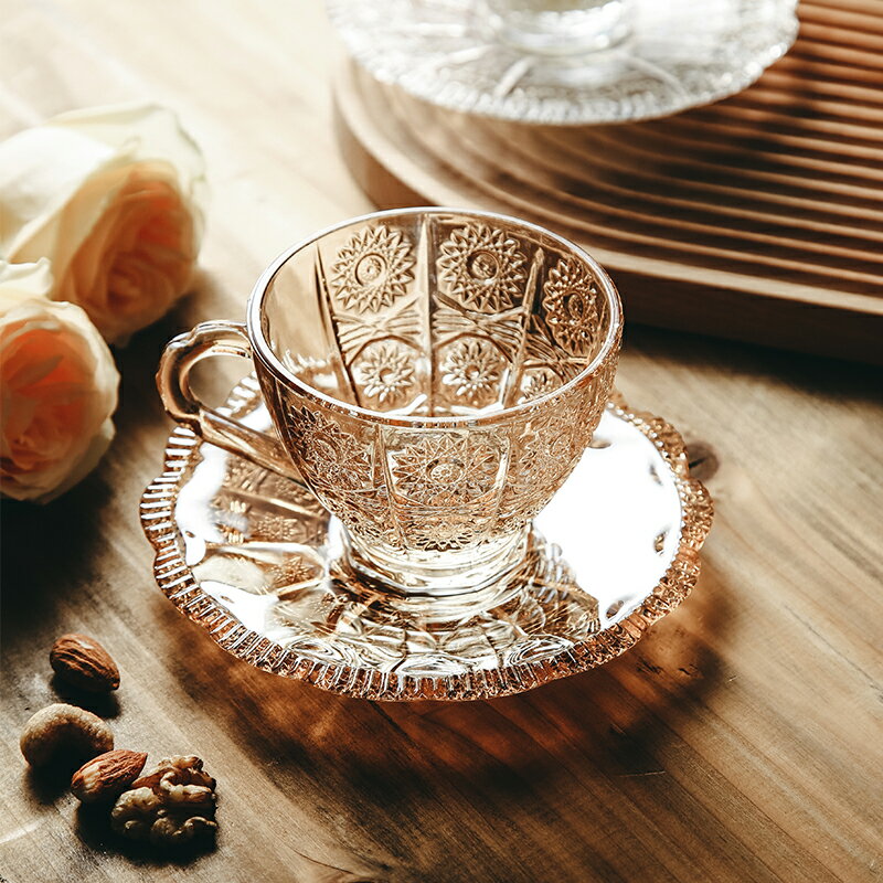 復古宮廷浮雕咖啡杯碟網紅下午茶玻璃茶杯杯碟拿鐵杯咖啡杯杯子