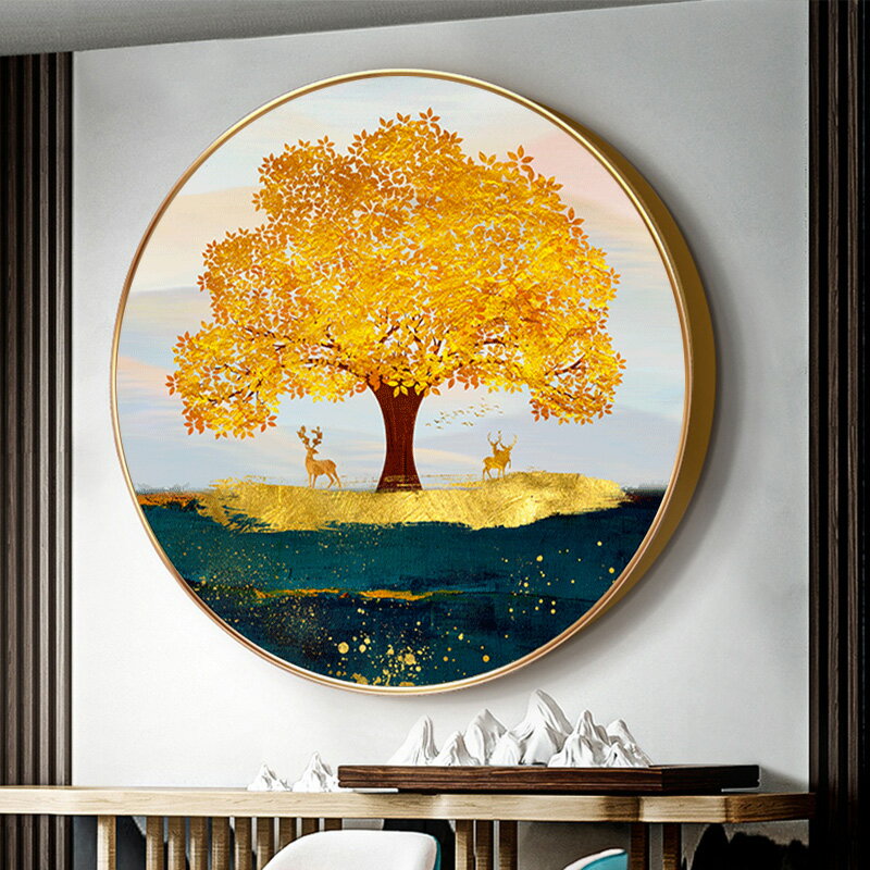 鉆石畫滿鉆輕奢發財樹玄關金色圓形麋鹿十字繡新款玄關客廳