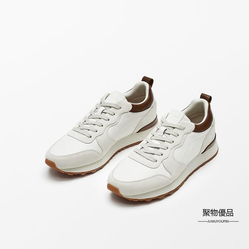 Massinno Dutti 歐美時尚男鞋拼接絨面真皮圓頭厚底運動鞋牛皮綁帶男性綁帶鞋子【聚物優品】