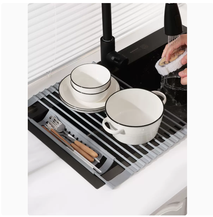 廚房水槽瀝水架水池碗筷控水置物架矽膠可折疊收納捲簾碗碟瀝水籃