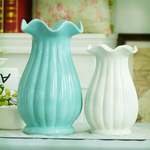 包郵歐式荷葉邊陶瓷花瓶小清新創意擺件荷葉邊裝飾白色藍色