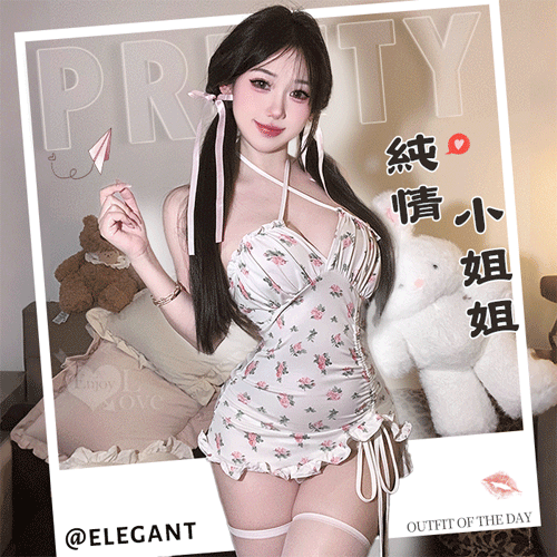 情趣睡衣 少女風交叉綁脖荷葉邊側抽繩玫瑰連身裙含襪三件組【本商品含有兒少不宜內容】