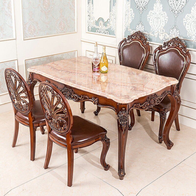 【限時優惠】歐式餐桌復古深色美式仿大理石餐桌椅組合酒店飯桌子長方形小戶型