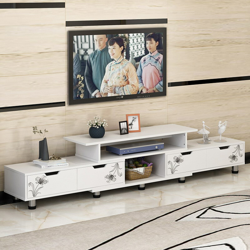 簡約現代可伸縮小戶型客廳仿實木臥室北歐電視機柜茶幾組合地柜子