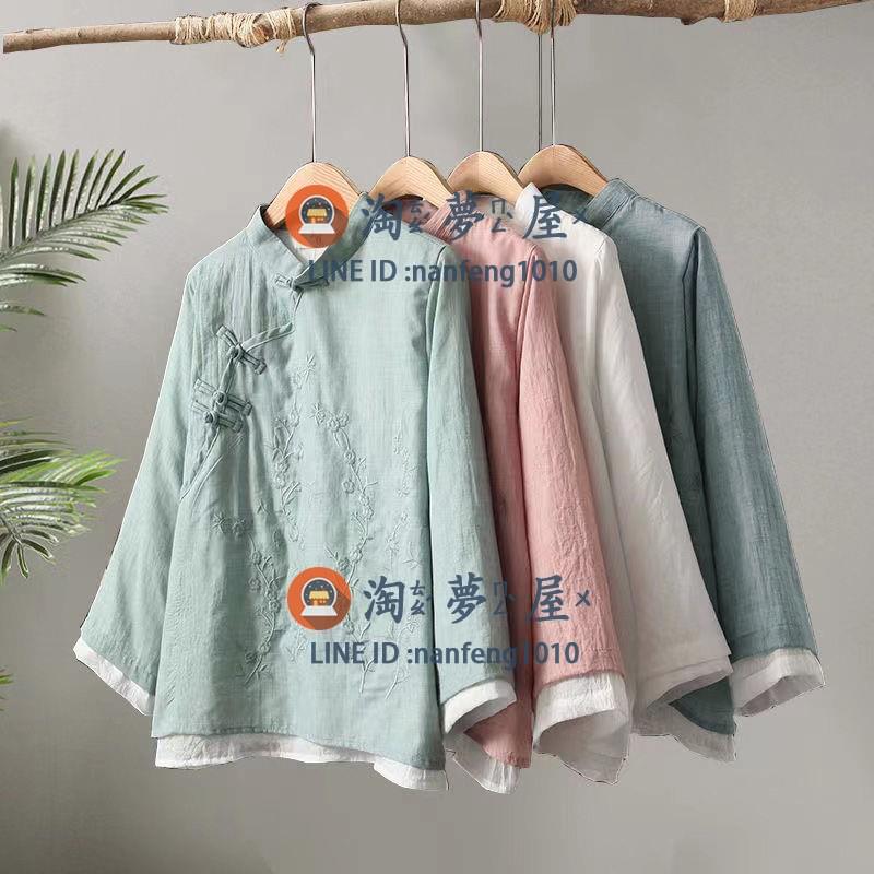 棉麻上衣短袖復古刺繡盤中式禪意茶扣麻棉襯衫女寬松拼接圓領【淘夢屋】