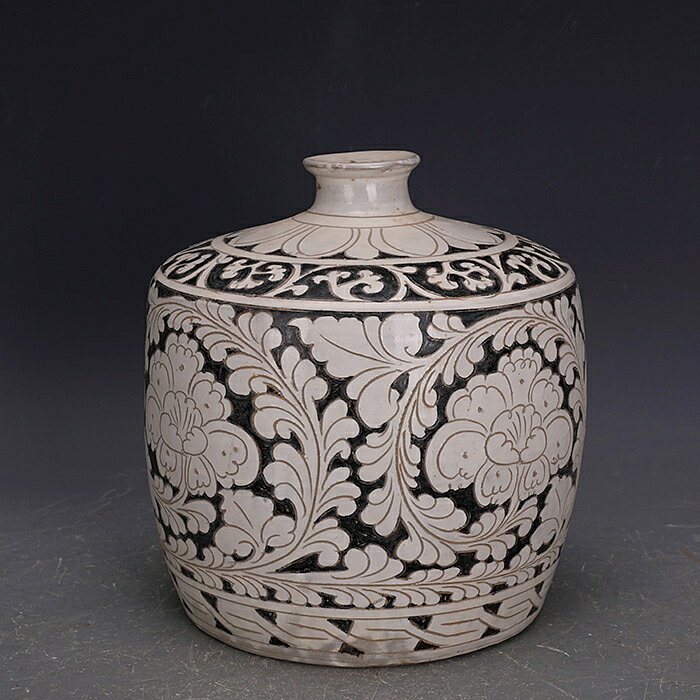 宋代磁州窯白地黑彩牡丹紋燈籠罐出土老貨仿古瓷古玩古董復古裝飾