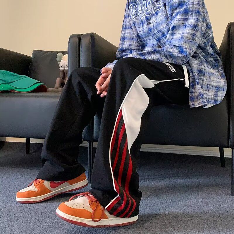 小王子 美式復古褲子男款春秋條紋撞色拼接運動衛褲寬松直筒闊腿休閑長褲