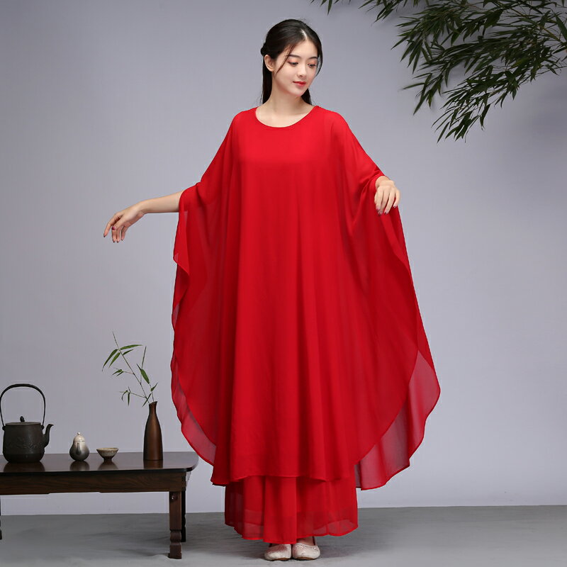 春夏新款雪紡文藝復古茶服禪舞服寬松連衣裙女佛系長裙