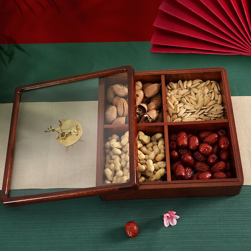 掛鐘 時鐘 客廳時鐘 方形實木果盒新中式家用客廳茶幾擺件輕奢現代干果盤零食盒堅果盒
