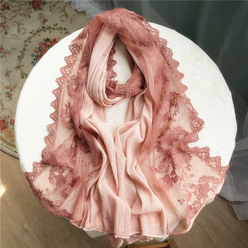 沛錦蕾絲紗巾女新款蕾絲刺繡花朵拼色粉色甜美風長款圍巾披肩1入