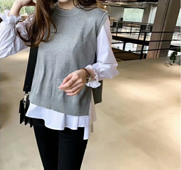 中大尺碼女裝~秋季新款 兩件式素面襯衫+針織馬甲 顯瘦百搭大尺碼上衣 6