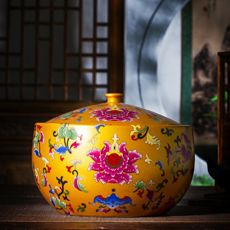 景德鎮陶瓷茶葉罐米缸帶蓋家用仿古密封中式琺瑯彩聚寶盆儲物罐
