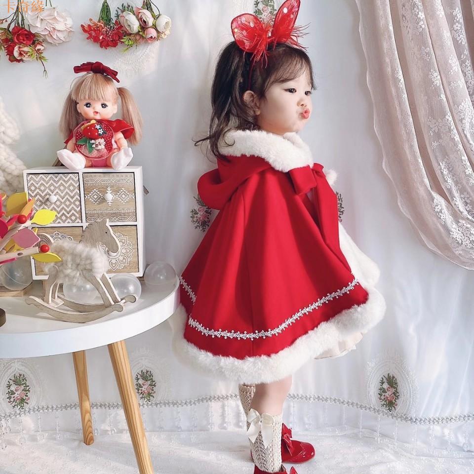 洋氣 秋冬新款韓版女童紅色外套 毛領圣誕服斗篷披風大衣