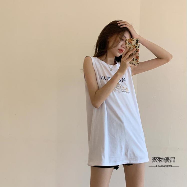 純棉印花坎肩無袖T恤女夏季坎袖韓版寬鬆中長款上衣外穿背心【聚物優品】