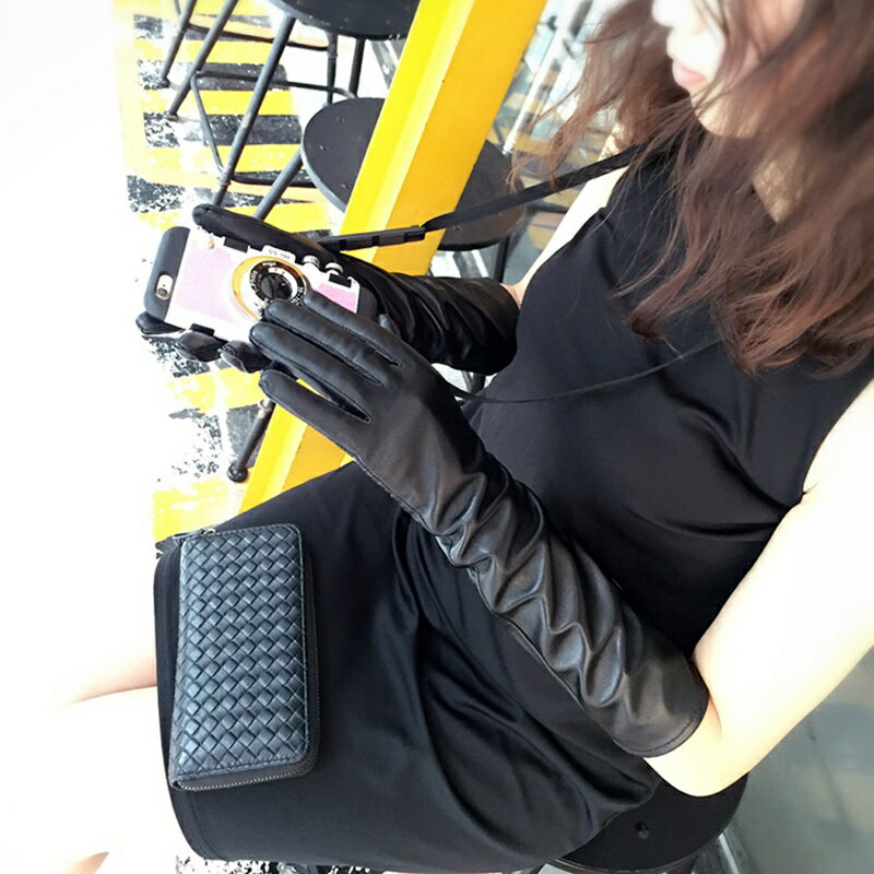 現貨+預購 真皮手套羊皮手套-35/40cm保暖黑色長款女手套8款74by2【獨家進口】【米蘭精品】