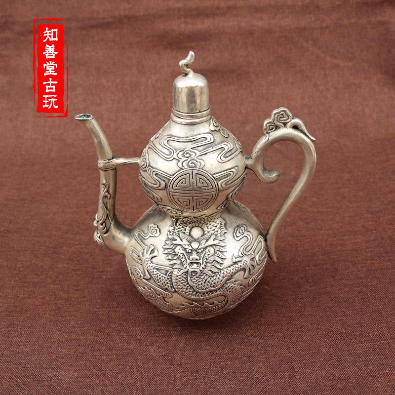 古玩雜項收藏 古董古玩收藏品 仿古純銅擺件 純銅龍紋酒壺 銅壺