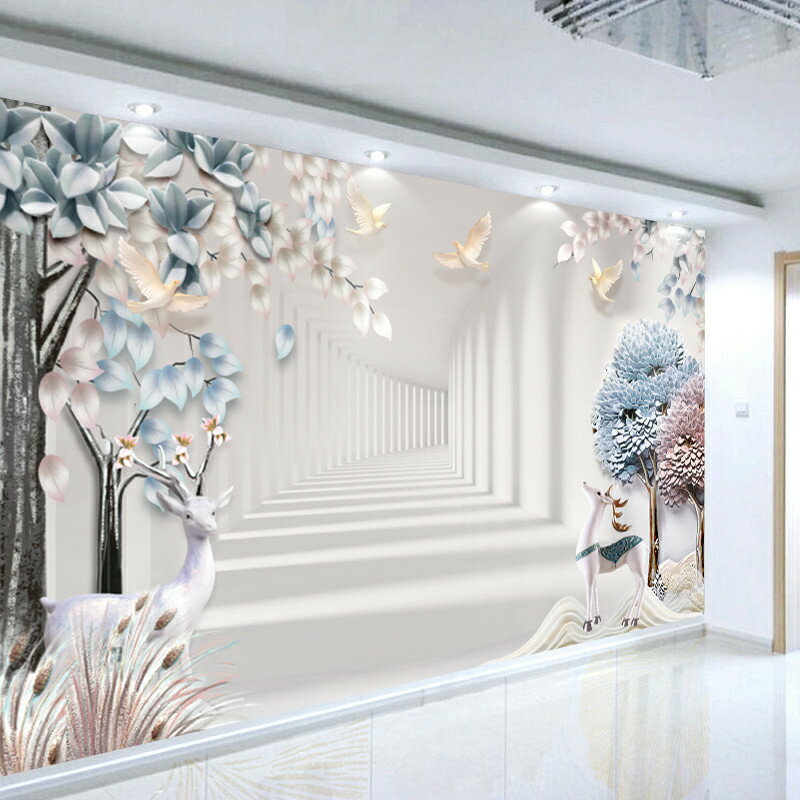 北歐風格電視背景墻8d立體客廳墻紙麋鹿延伸空間壁畫現代簡約墻布