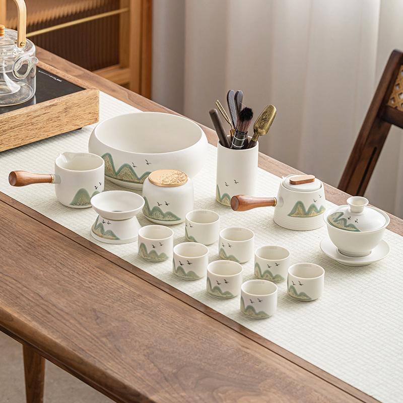 茶具套裝 遠山手繪功夫茶具套裝家用客廳陶瓷輕奢現代簡約茶壺蓋碗茶杯整套