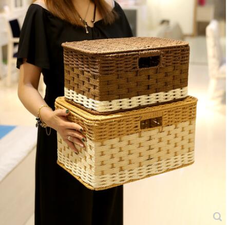日式簡約編織收納盒桌面有蓋化妝包收納筐儲物盒置物盒零食收納箱 全館免運