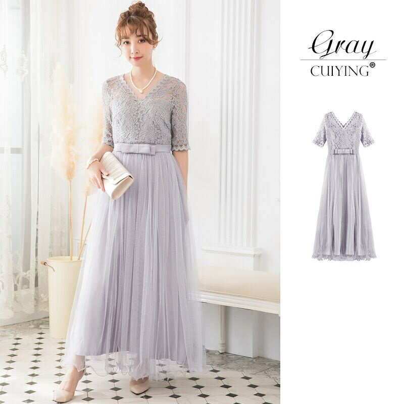 灰姑娘[88136-S]V領玫瑰蕾絲高雅綢緞網紗長裙五分袖小禮服/伴娘服/尾牙 4