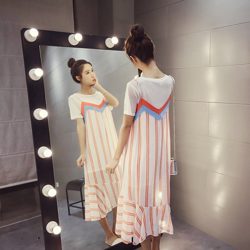 FINDSENSE G5 韓國時尚 夏季 寬鬆 度假 套裝 中長款 吊帶 連身裙 T恤 兩件套