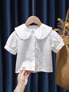 女童短袖襯衫娃娃領2021新款上衣兒童清新純色襯衣女夏裝純棉半袖
