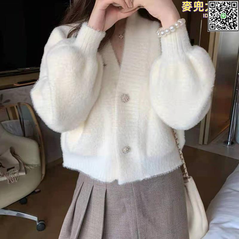 【全球優品滙】2024秋裝新款女裝仿水貂絨針織開衫女時尚燈籠袖加厚短款毛衣外套