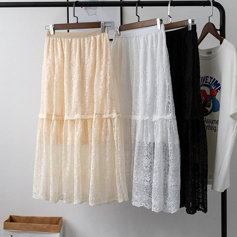 現貨+預購 蕾絲裙長裙-鏤空純色高腰蓬蓬裙女裙子3色73xg22【獨家進口】【米蘭精品】