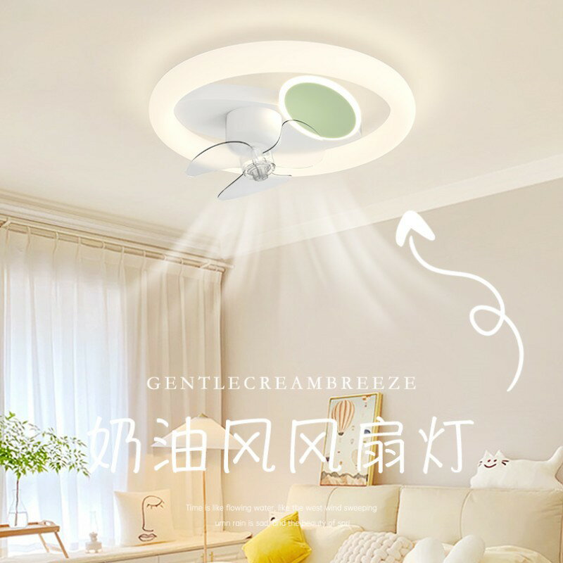 360度搖頭風扇燈奶油風臥室吸頂燈2024新款變頻靜音一體電扇燈具 雙11全館免運
