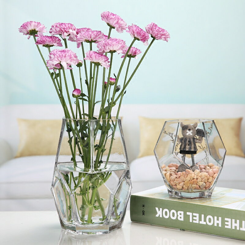 家居創意六角菱形水培鮮花玻璃透明花瓶餐桌插花花器客廳裝飾品