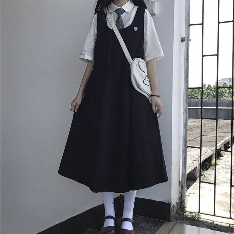 背帶裙子女日系寬松顯瘦學院風連衣裙少女春夏季兩件套jk制服套裝