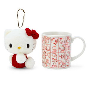 asdfkitty*KITTY復古紅格陶瓷馬克杯+KITTY側坐絨毛玩偶吊飾-日本正版商品