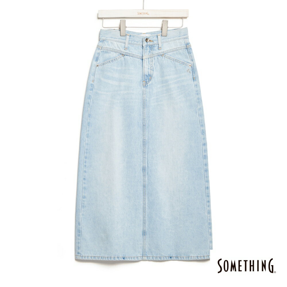 SOMETHING 女款 激腰後開岔牛仔長裙 (漂淺藍)
