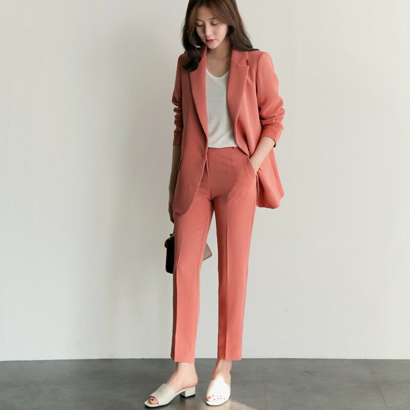 現貨+預購 西裝外套 西裝褲 兩件套-休閒韓版純色簡約西服女套裝73xs8【獨家進口】【米蘭精品】