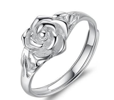 999純銀戒指女款韓版玫瑰花中指食指環個性時尚開口手工學生銀飾