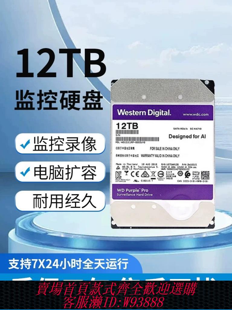 {臺灣公司貨 可打統編}WD/西部資料 121EJRP 12T紫盤Pro SATA3 7200轉256M臺式監控硬碟