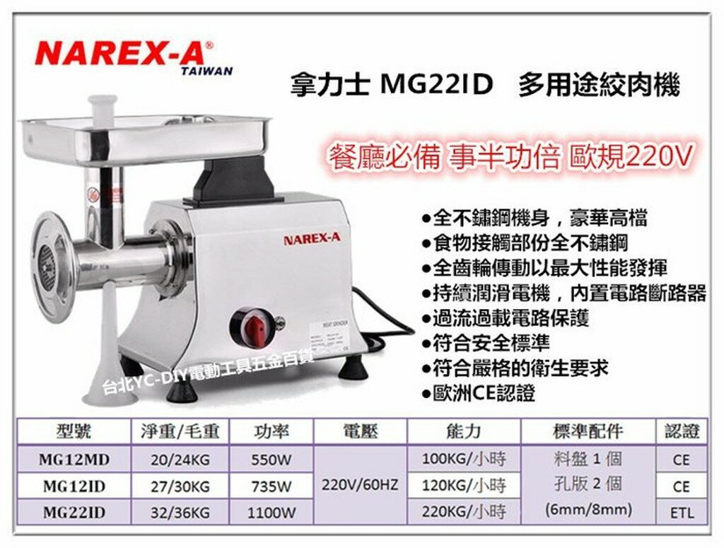 【台北益昌】拿力士 NAREX-A MG22ID 1100W 多用途絞肉機