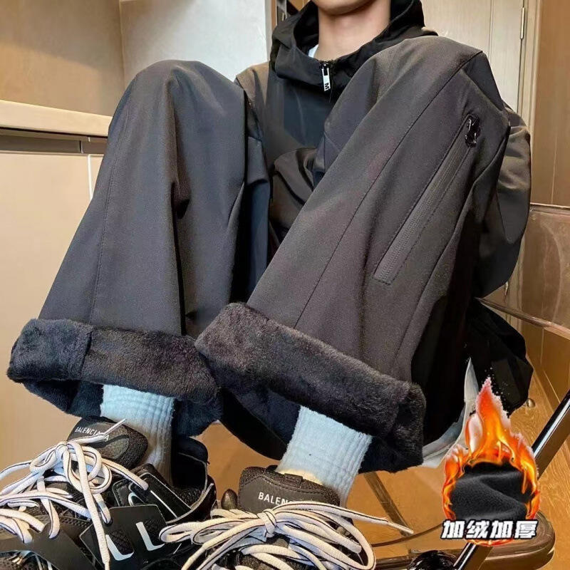 48h出貨丶加絨加厚軟殼衝鋒褲男秋冬美式潮牌寬鬆直筒防風防水戶外防寒褲子