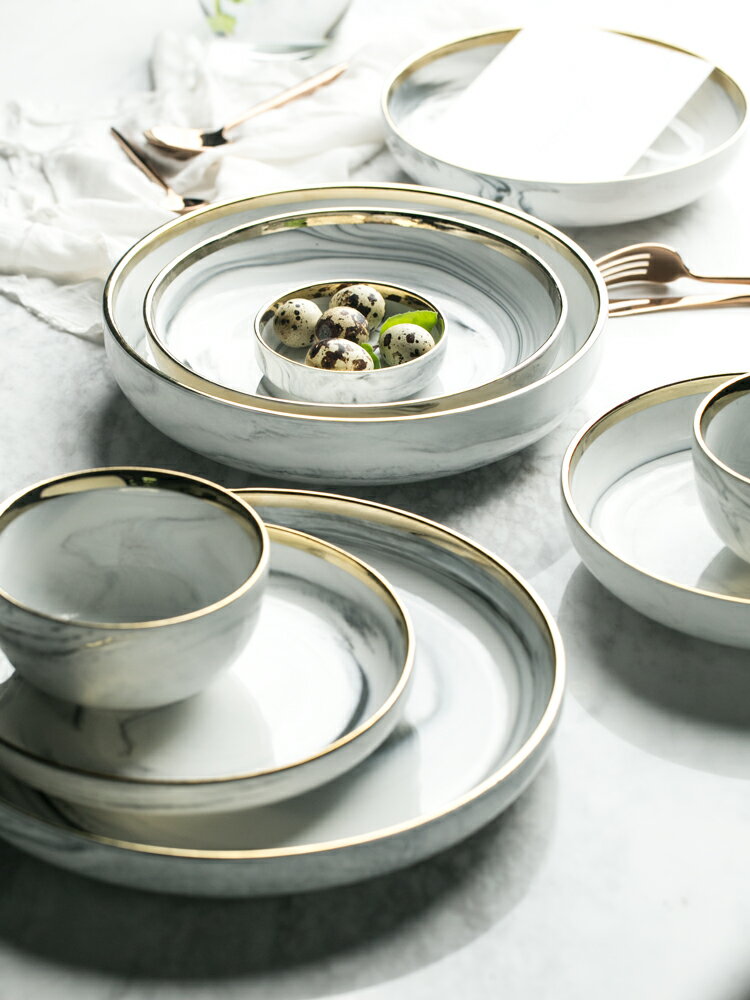 朵頤feb北歐金邊陶瓷家用碗碟餐具淺盤盤子菜盤吃飯碗盤子碗套裝1入