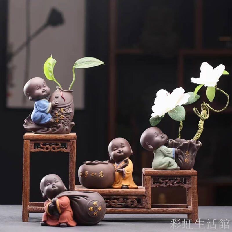 陶瓷彩砂小和尚水培花盆擺件茶盤 花器可愛花瓶養花桌面花寵