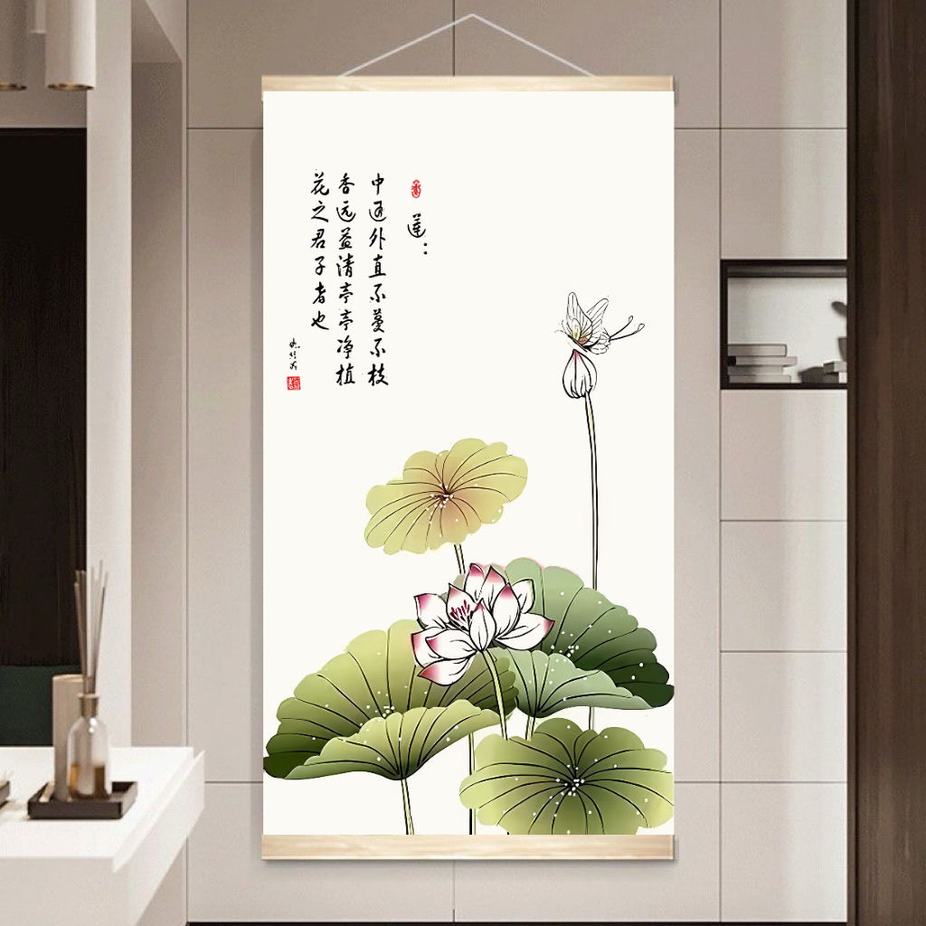 掛畫 裝飾畫 新中式居家荷花系列裝飾畫實木卷軸布藝掛畫入戶門掛墻客廳免打孔